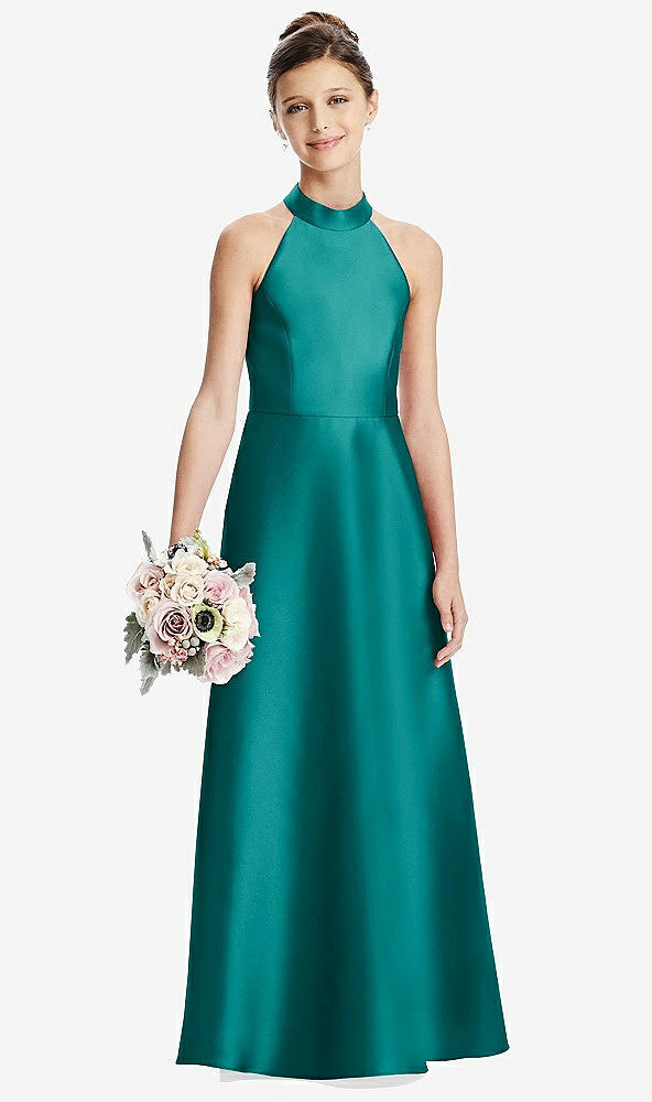 Front View - Jade Halter Open-back Satin Junior Bridesmaid Dress with Pockets