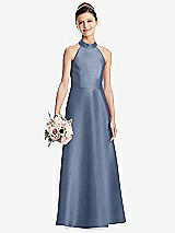 Front View Thumbnail - Larkspur Blue Halter Open-back Satin Junior Bridesmaid Dress with Pockets