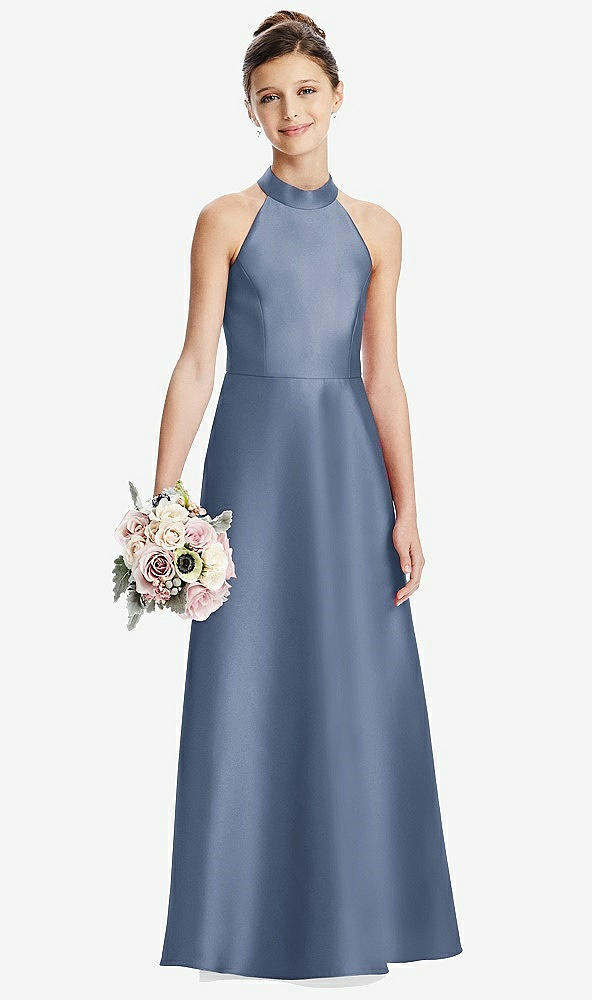 Front View - Larkspur Blue Halter Open-back Satin Junior Bridesmaid Dress with Pockets