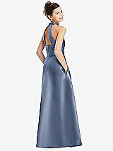 Rear View Thumbnail - Larkspur Blue Halter Open-back Satin Junior Bridesmaid Dress with Pockets