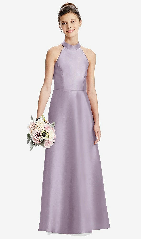 Front View - Lilac Haze Halter Open-back Satin Junior Bridesmaid Dress with Pockets