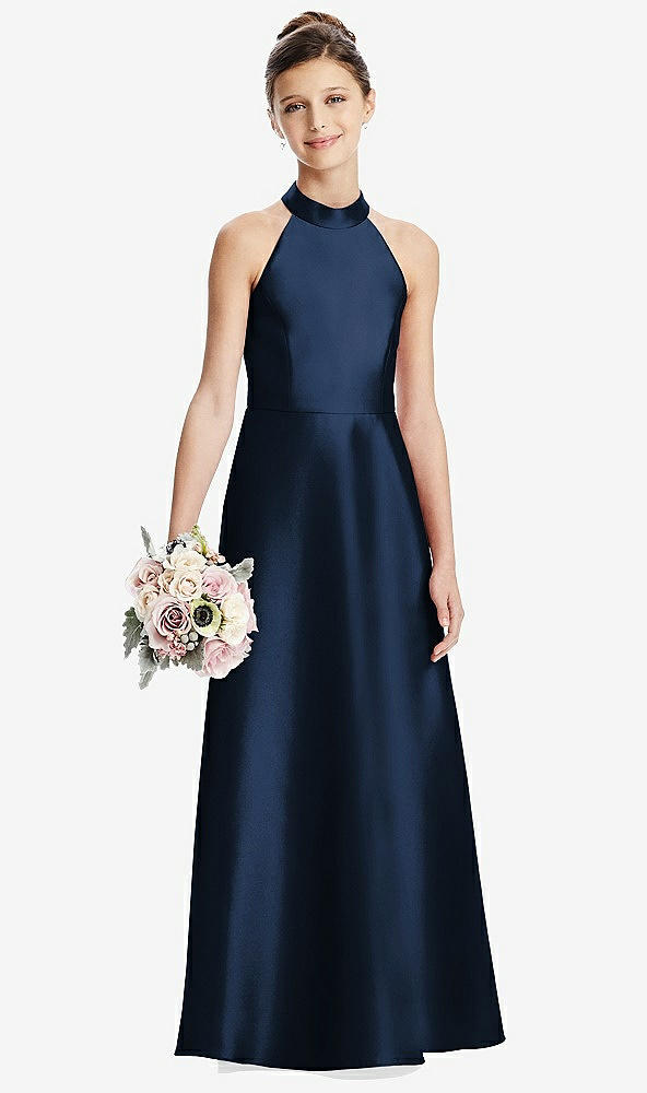 Front View - Midnight Navy Halter Open-back Satin Junior Bridesmaid Dress with Pockets