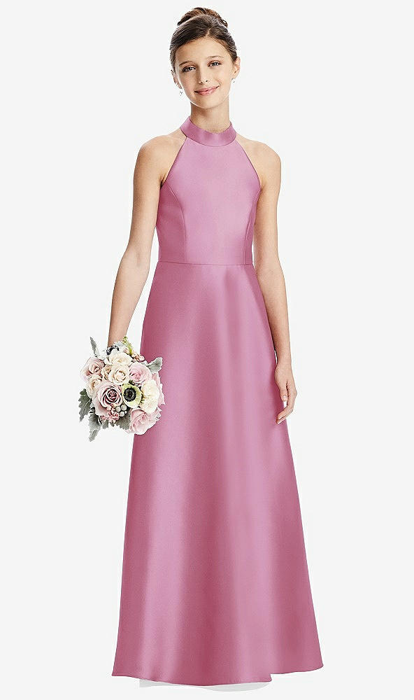 Front View - Powder Pink Halter Open-back Satin Junior Bridesmaid Dress with Pockets