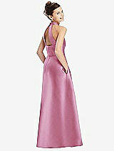 Rear View Thumbnail - Powder Pink Halter Open-back Satin Junior Bridesmaid Dress with Pockets