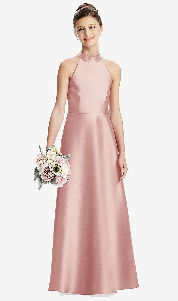 Front View - Rose Halter Open-back Satin Junior Bridesmaid Dress with Pockets