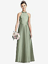 Front View Thumbnail - Sage Halter Open-back Satin Junior Bridesmaid Dress with Pockets