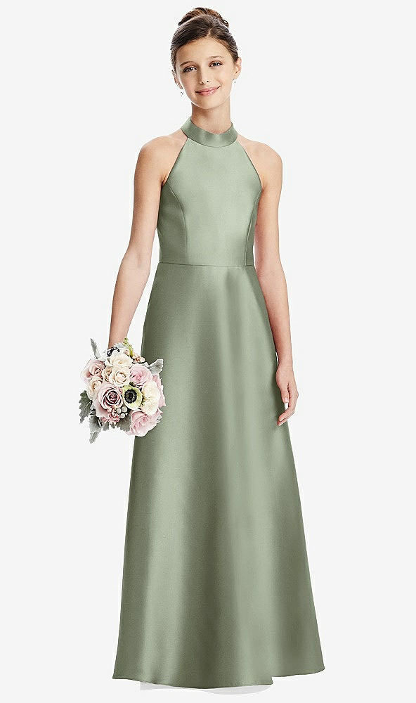 Front View - Sage Halter Open-back Satin Junior Bridesmaid Dress with Pockets