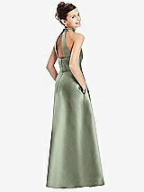 Rear View Thumbnail - Sage Halter Open-back Satin Junior Bridesmaid Dress with Pockets