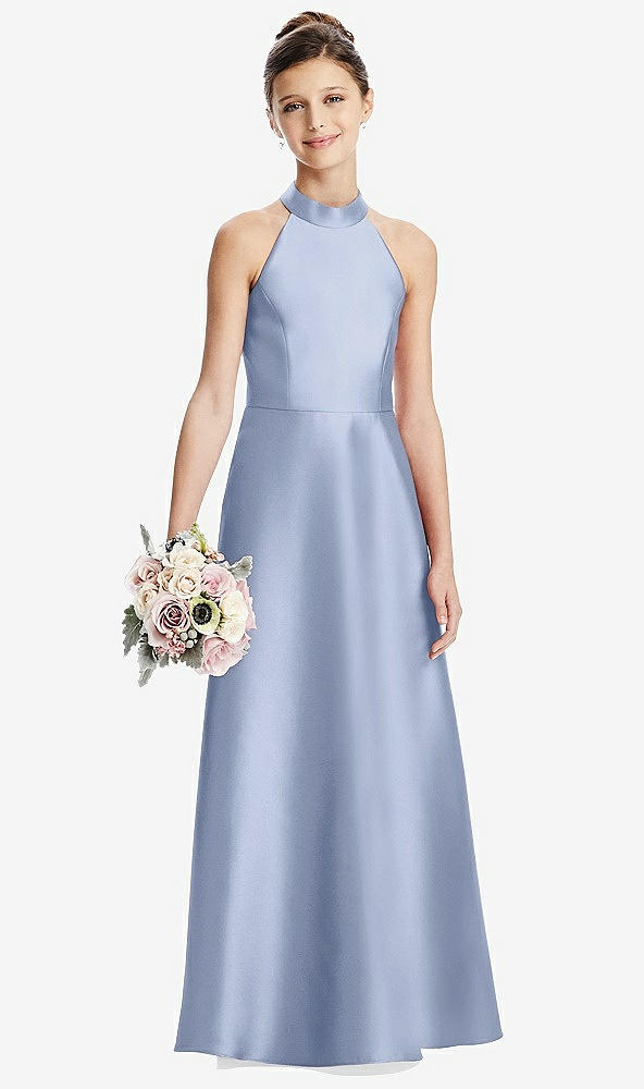 Front View - Sky Blue Halter Open-back Satin Junior Bridesmaid Dress with Pockets