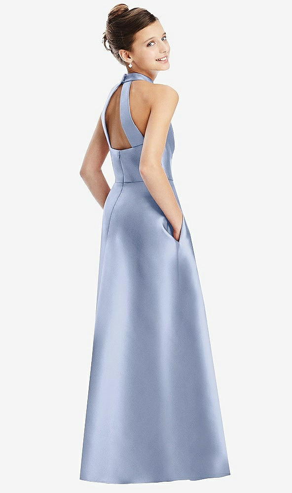 Back View - Sky Blue Halter Open-back Satin Junior Bridesmaid Dress with Pockets