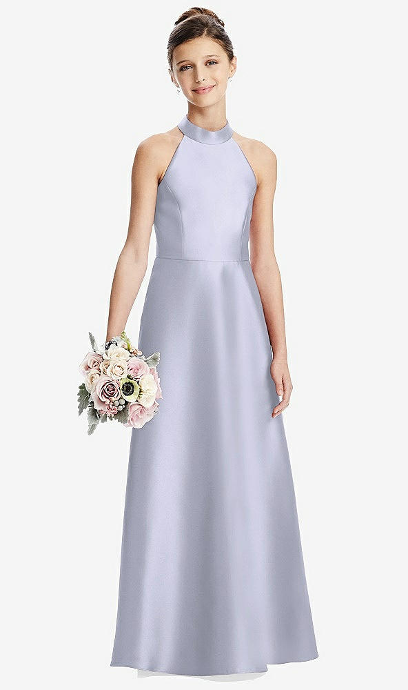 Front View - Silver Dove Halter Open-back Satin Junior Bridesmaid Dress with Pockets