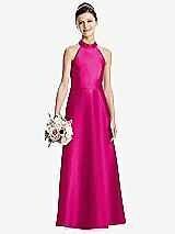 Front View Thumbnail - Think Pink Halter Open-back Satin Junior Bridesmaid Dress with Pockets