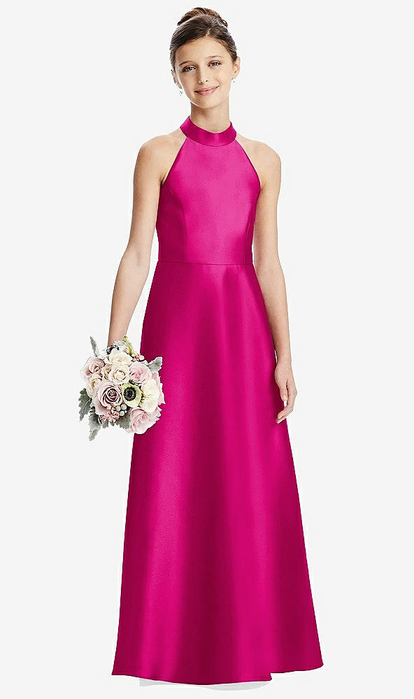 Front View - Think Pink Halter Open-back Satin Junior Bridesmaid Dress with Pockets