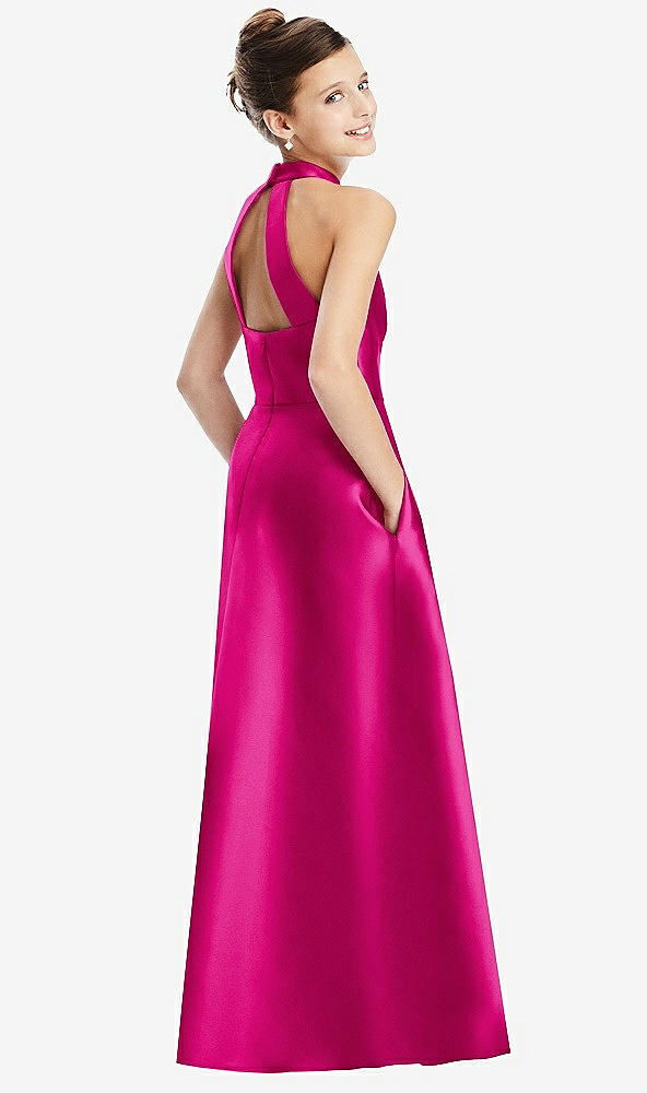 Back View - Think Pink Halter Open-back Satin Junior Bridesmaid Dress with Pockets
