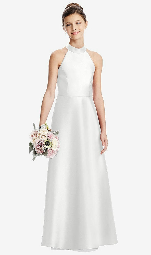 Front View - White Halter Open-back Satin Junior Bridesmaid Dress with Pockets