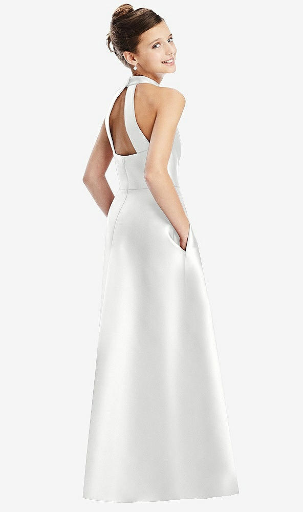 Back View - White Halter Open-back Satin Junior Bridesmaid Dress with Pockets
