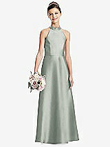 Front View Thumbnail - Willow Green Halter Open-back Satin Junior Bridesmaid Dress with Pockets