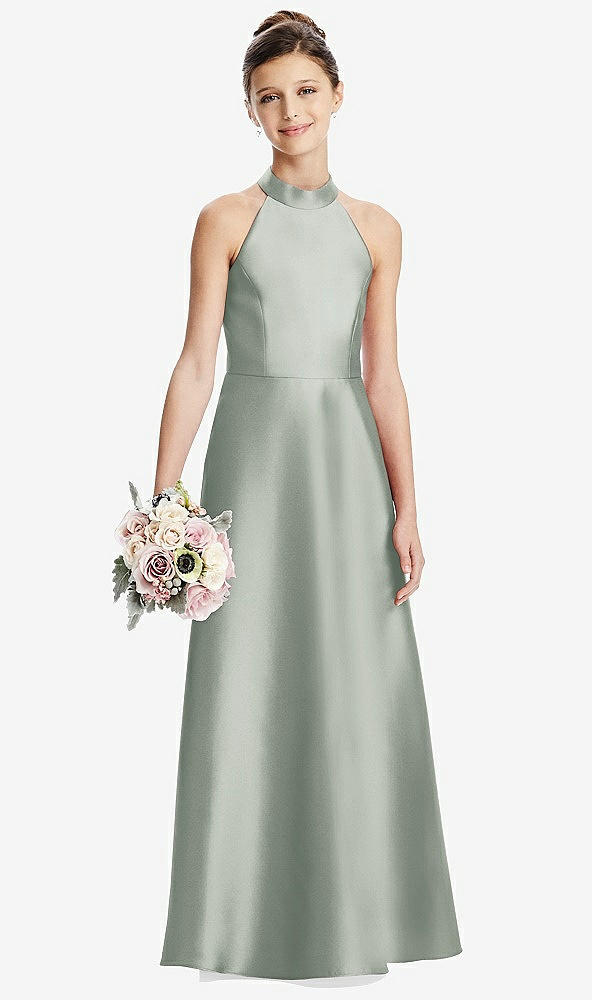 Front View - Willow Green Halter Open-back Satin Junior Bridesmaid Dress with Pockets