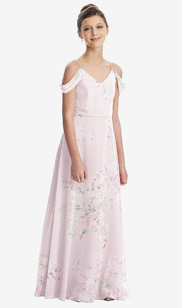 Front View - Watercolor Print Draped Cold Shoulder Chiffon Juniors Dress