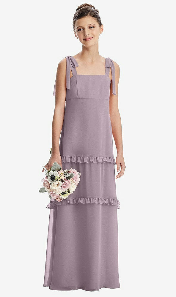 Front View - Lilac Dusk Tie-Shoulder Juniors Dress with Tiered Ruffle Skirt