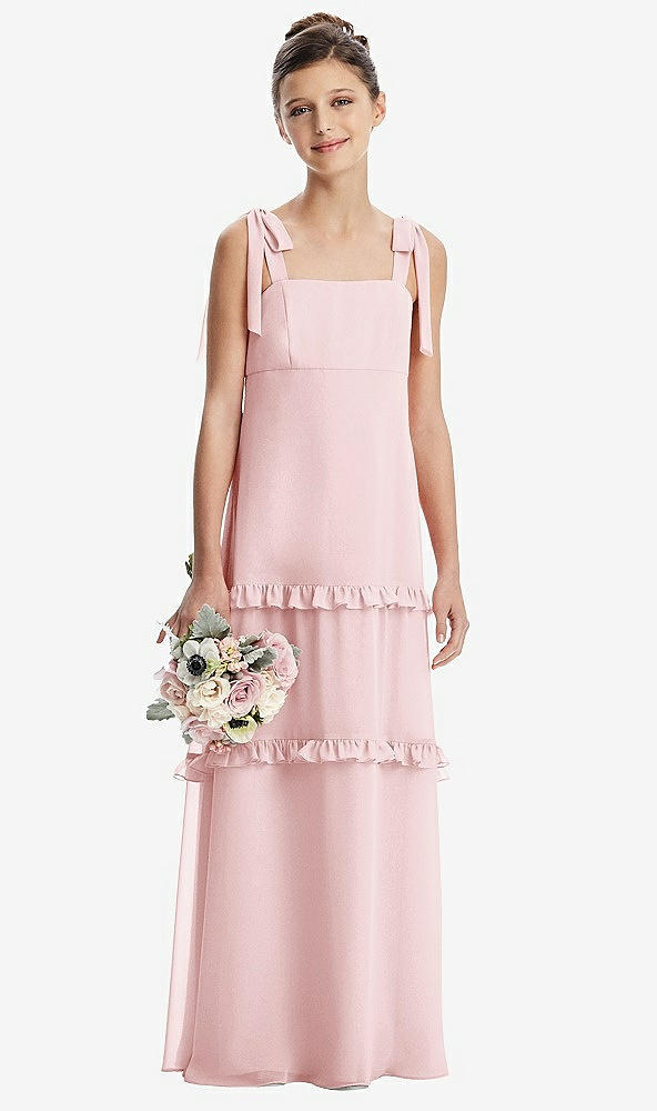 Front View - Ballet Pink Tie-Shoulder Juniors Dress with Tiered Ruffle Skirt