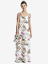 Front View Thumbnail - Butterfly Botanica Ivory Tie-Shoulder Juniors Dress with Tiered Ruffle Skirt
