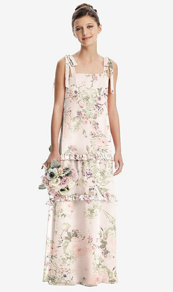 Front View - Blush Garden Tie-Shoulder Juniors Dress with Tiered Ruffle Skirt