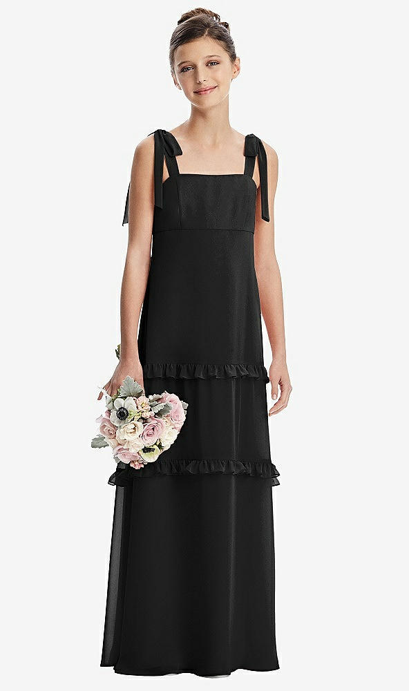 Front View - Black Tie-Shoulder Juniors Dress with Tiered Ruffle Skirt