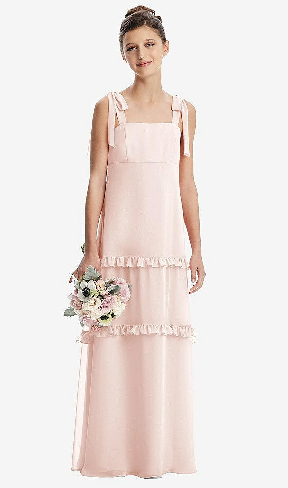 Front View - Blush Tie-Shoulder Juniors Dress with Tiered Ruffle Skirt