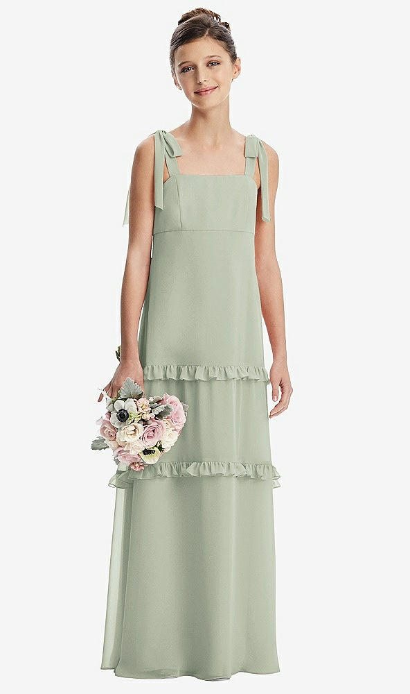 Front View - Celadon Tie-Shoulder Juniors Dress with Tiered Ruffle Skirt