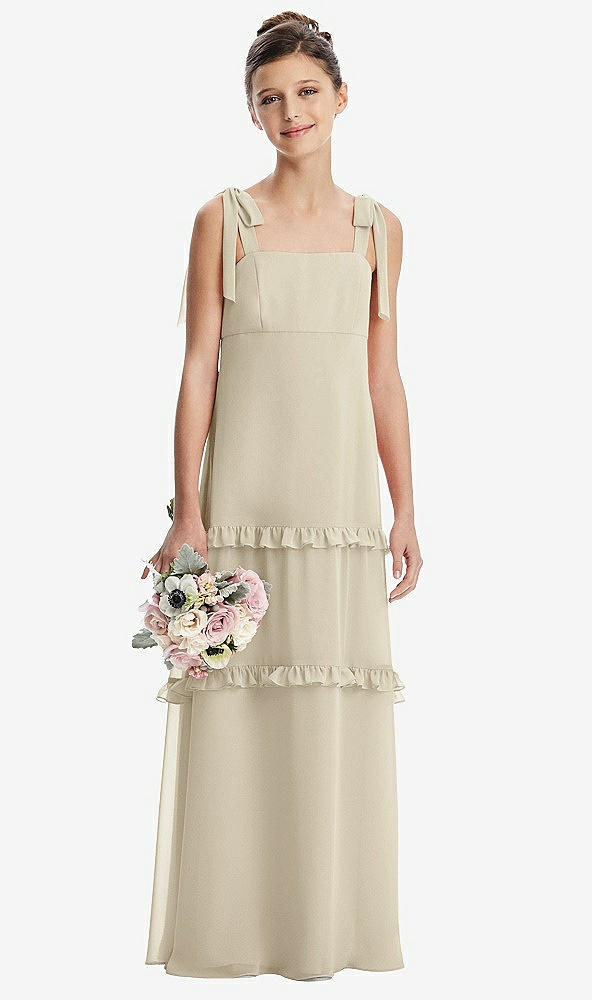 Front View - Champagne Tie-Shoulder Juniors Dress with Tiered Ruffle Skirt