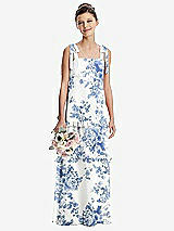 Front View Thumbnail - Cottage Rose Dusk Blue Tie-Shoulder Juniors Dress with Tiered Ruffle Skirt