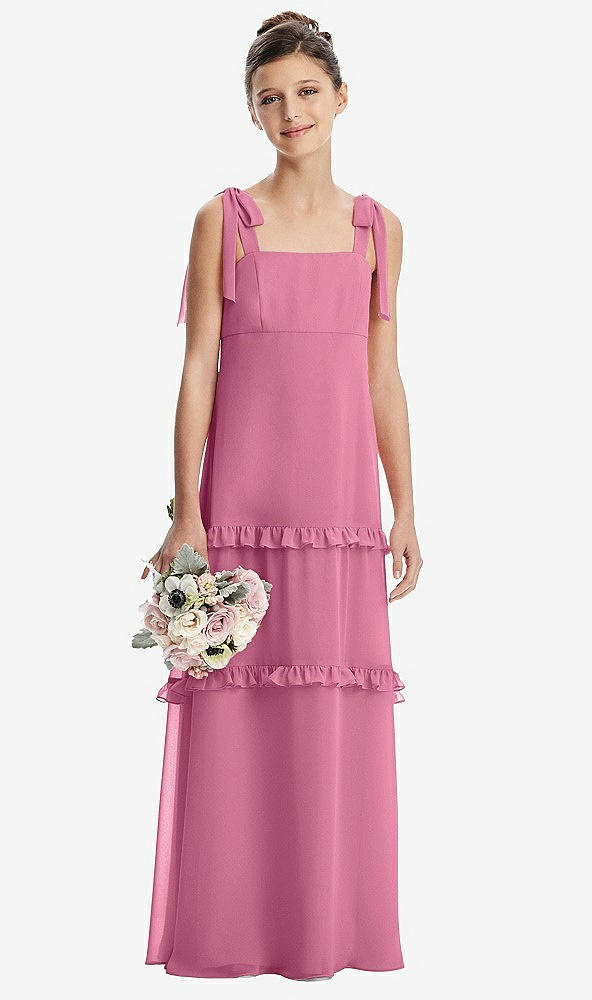 Front View - Orchid Pink Tie-Shoulder Juniors Dress with Tiered Ruffle Skirt