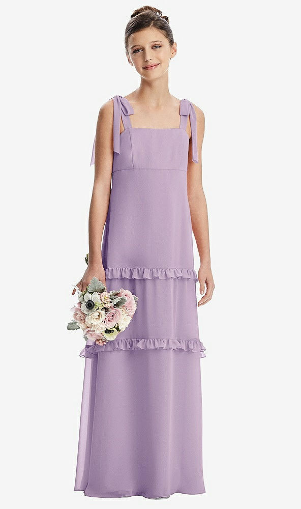 Front View - Pale Purple Tie-Shoulder Juniors Dress with Tiered Ruffle Skirt
