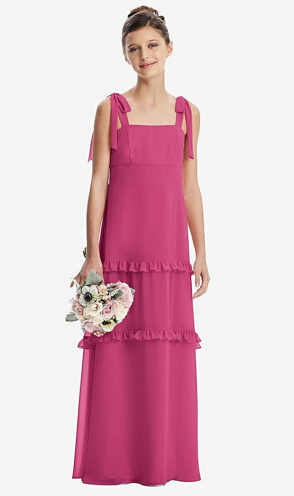 Front View - Tea Rose Tie-Shoulder Juniors Dress with Tiered Ruffle Skirt