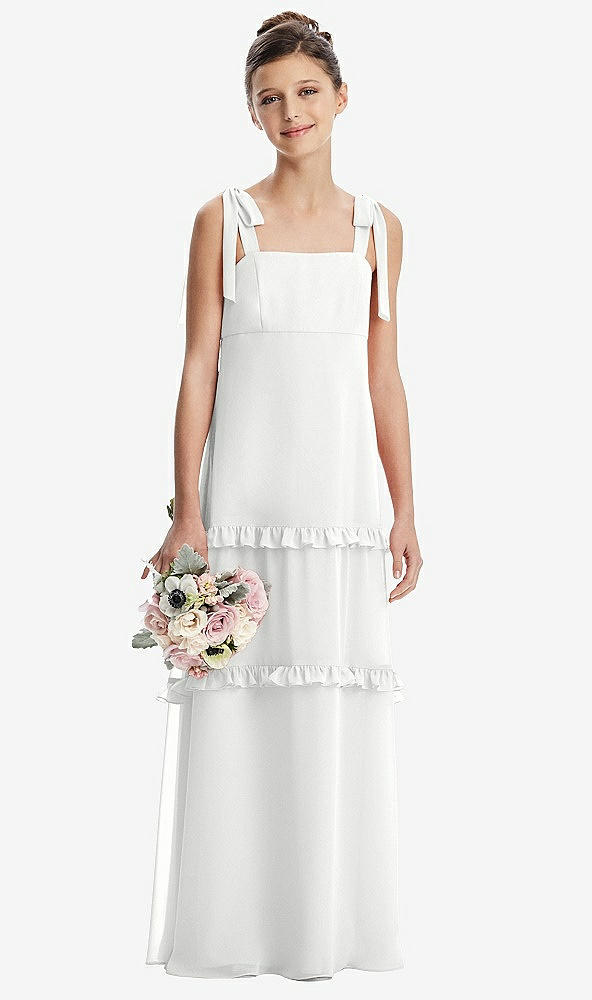 Front View - White Tie-Shoulder Juniors Dress with Tiered Ruffle Skirt