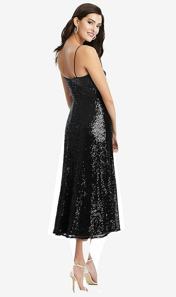 Back View - Black Spaghetti Strap Flared Skirt Sequin Midi Dress