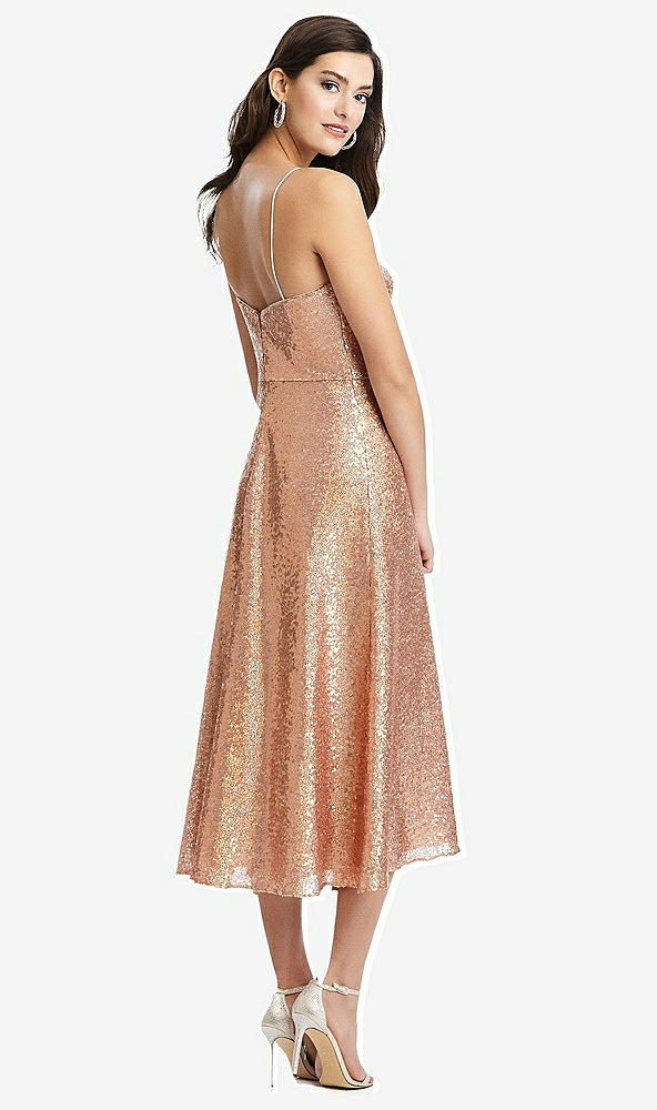 Back View - Copper Rose Spaghetti Strap Flared Skirt Sequin Midi Dress