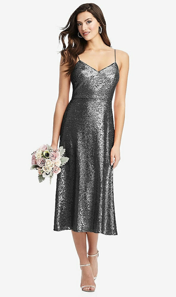 Front View - Stardust Spaghetti Strap Flared Skirt Sequin Midi Dress