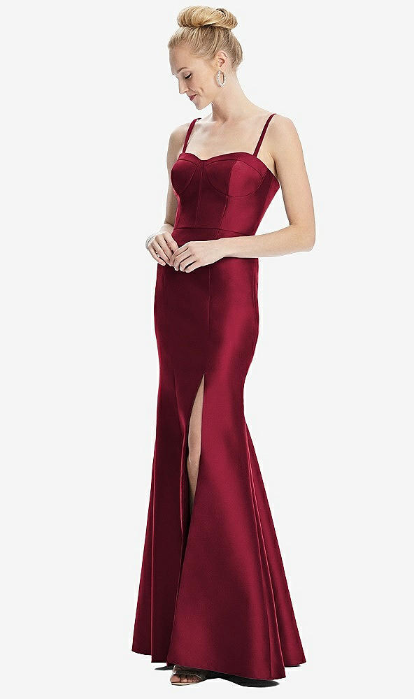 Front View - Burgundy Bustier Bodice Satin Trumpet Gown