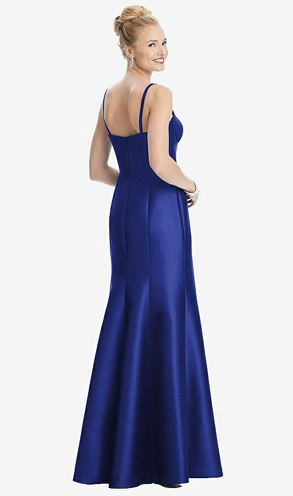 Back View - Cobalt Blue Bustier Bodice Satin Trumpet Gown