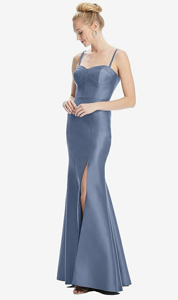 Front View - Larkspur Blue Bustier Bodice Satin Trumpet Gown