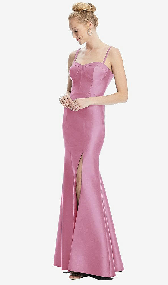 Front View - Powder Pink Bustier Bodice Satin Trumpet Gown