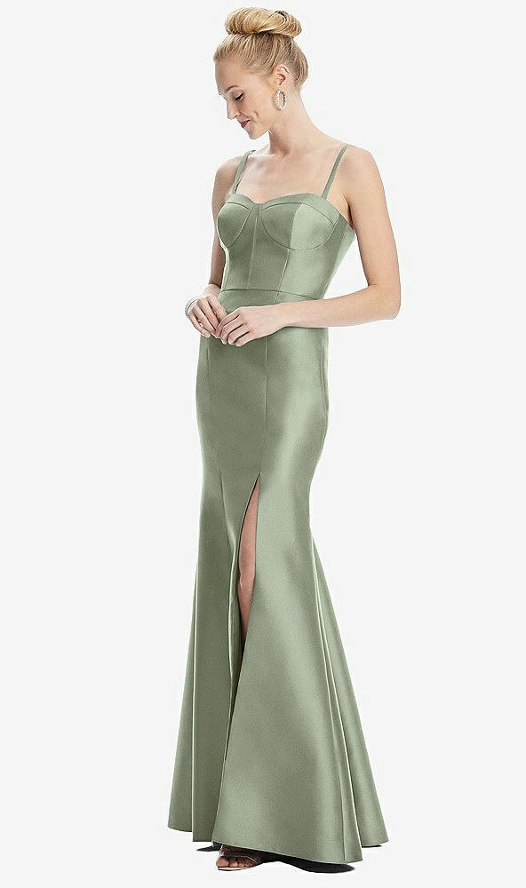 Front View - Sage Bustier Bodice Satin Trumpet Gown