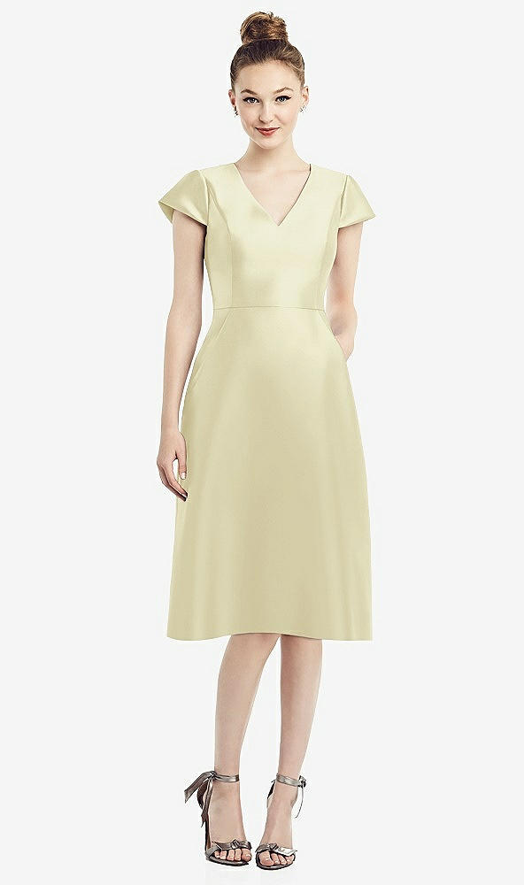 Front View - Butter Yellow Cap Sleeve V-Neck Satin Midi Dress with Pockets