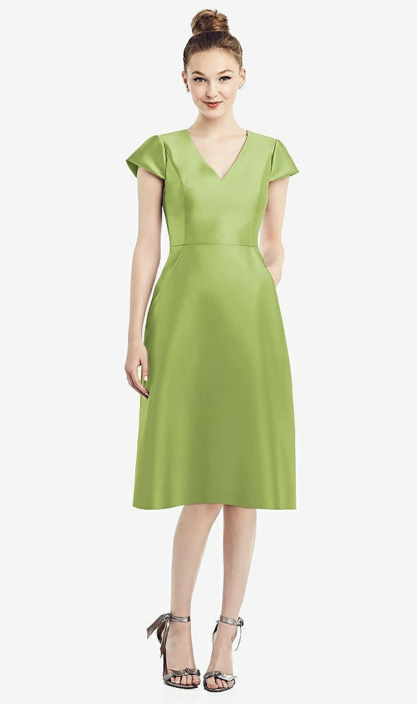 Front View - Mojito Cap Sleeve V-Neck Satin Midi Dress with Pockets