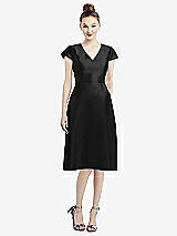 Front View Thumbnail - Black Cap Sleeve V-Neck Satin Midi Dress with Pockets
