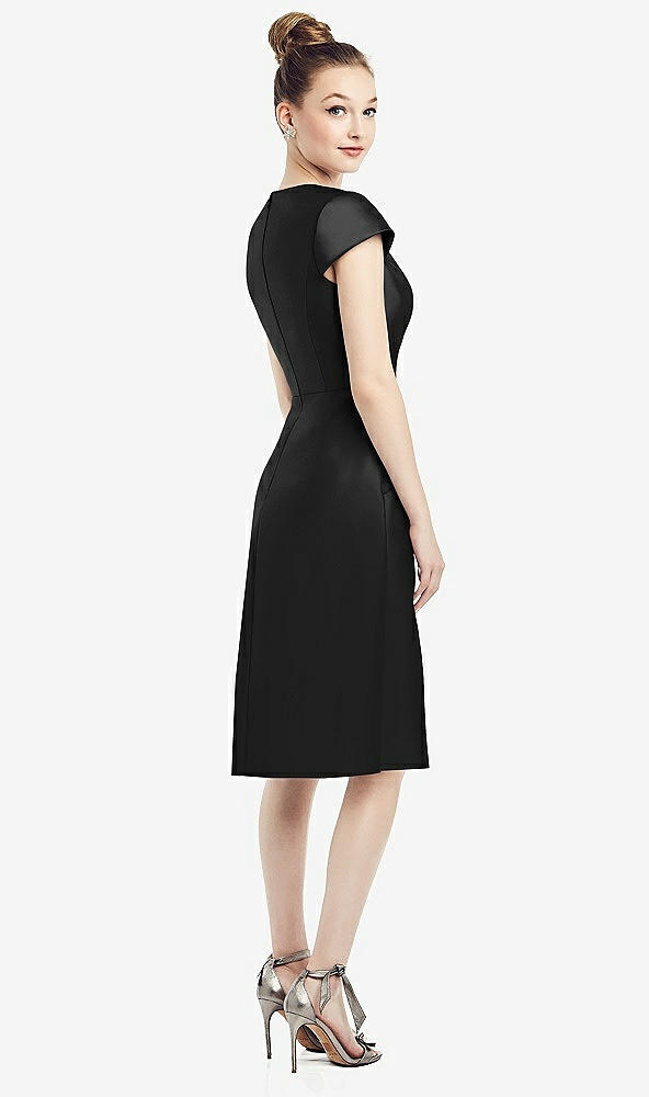 Back View - Black Cap Sleeve V-Neck Satin Midi Dress with Pockets