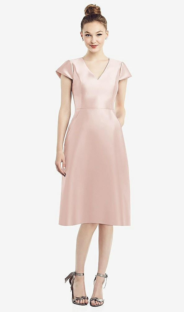 Front View - Blush Cap Sleeve V-Neck Satin Midi Dress with Pockets
