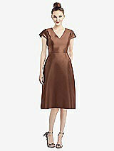 Front View Thumbnail - Cognac Cap Sleeve V-Neck Satin Midi Dress with Pockets